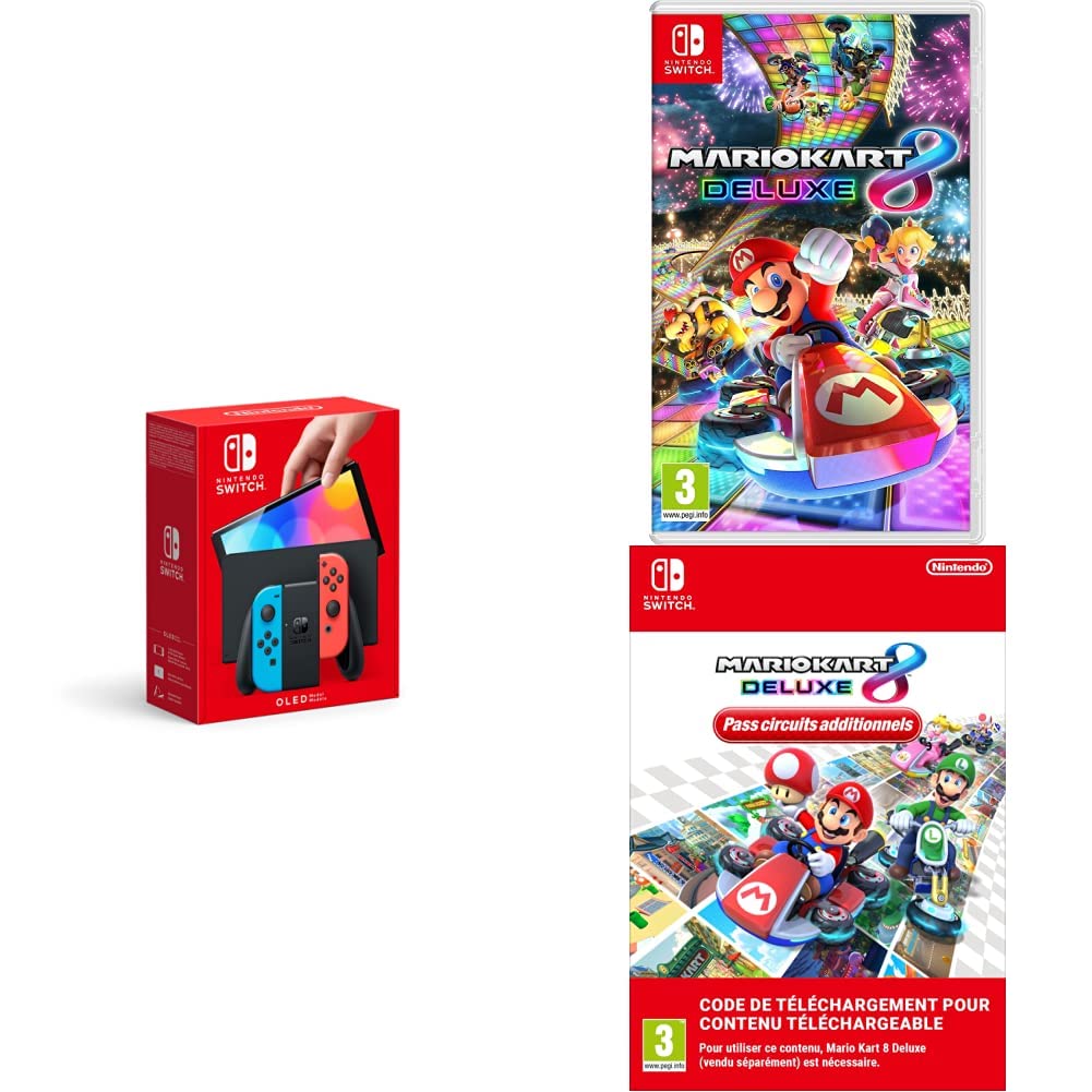 en ligne Console Nintendo Switch (Modèle OLED) avec Manettes Joy-Con Bleu Néon/Rouge Néon + Mario Kart 8 Deluxe + Pass circuits additionnels [DLC] (Code de téléchargement) zpGeqPxJr Haute Quaity
