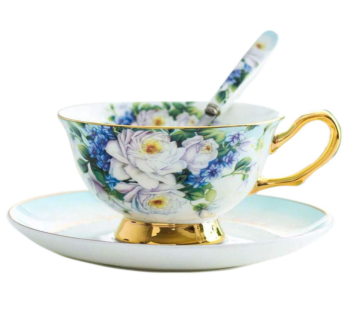 Magnifique YBK Tech Ensemble Tasse et Soucoupe de Style européen en Porcelaine Anglaise pour Le thé, Le café, Le Petit-déjeuner et la Cuisine - Fleurs Violettes (Bleu) RVXDvPADW en solde