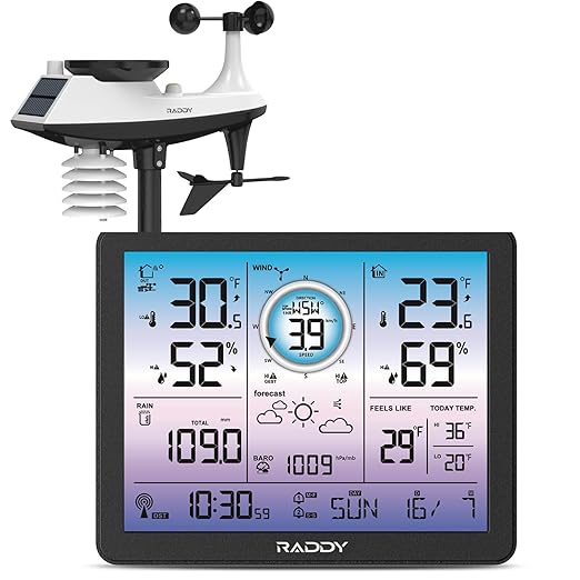 en ligne Raddy VP7 Station météo sans fil avec capteur extérieur 6 en 1 – Température, humidité, pression barométrique, pluviomètre, vitesse et direction du vent, écran 7,4