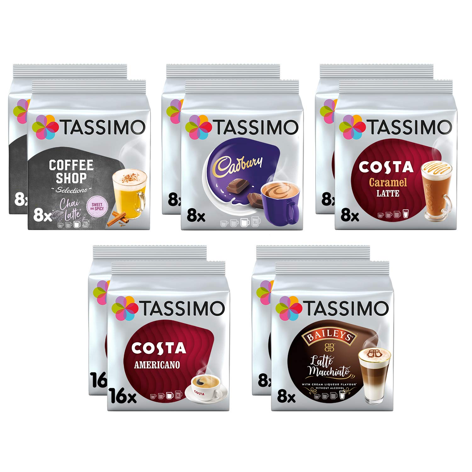 Promotions Tassimo Lot de 10 capsules de café Costa Americano/Caramel Latte, Cadbury Choco, Chai Latte (nouveau modèle) Baileys Latte Macchiato - Lot de 96 boissons Rb2FedUE9 vente chaude