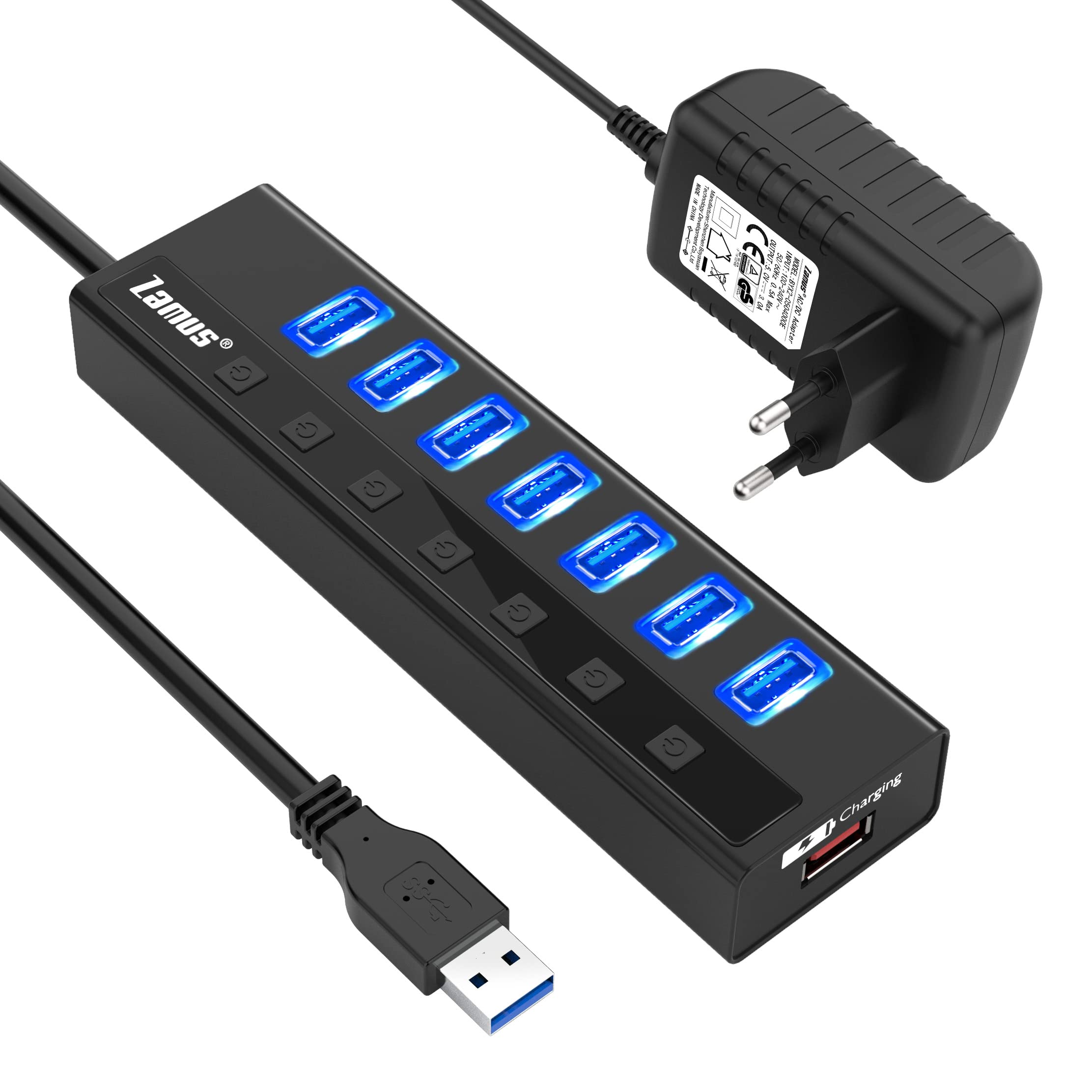 en vente Hub USB 3.0 Alimenté, Zamus 7 Ports USB 3.0 Splitter + 1 Ports Charge Intelligente Multiprise avec des commutateurs et des LEDs d´alimentation individuels et 5V/3A Adaptateur v4ODoAreV Outlet Shop 