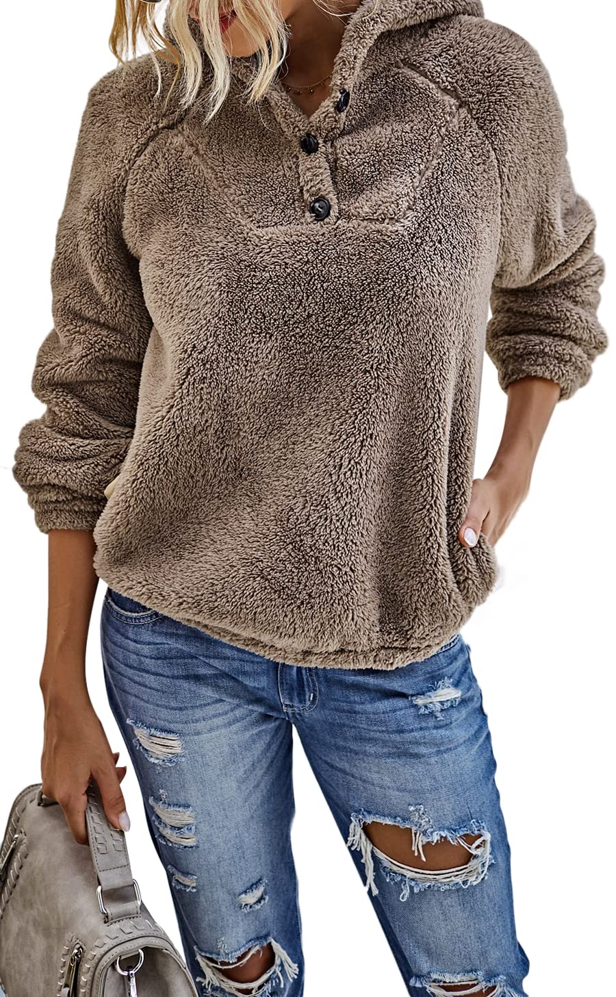 boutique en ligne Les umes Femmes Sherpa Pull Fuzzy Fleece Button Sweat Manteaux Chauds Sweats à Capuche avec Poche QDJHkRXWr en solde