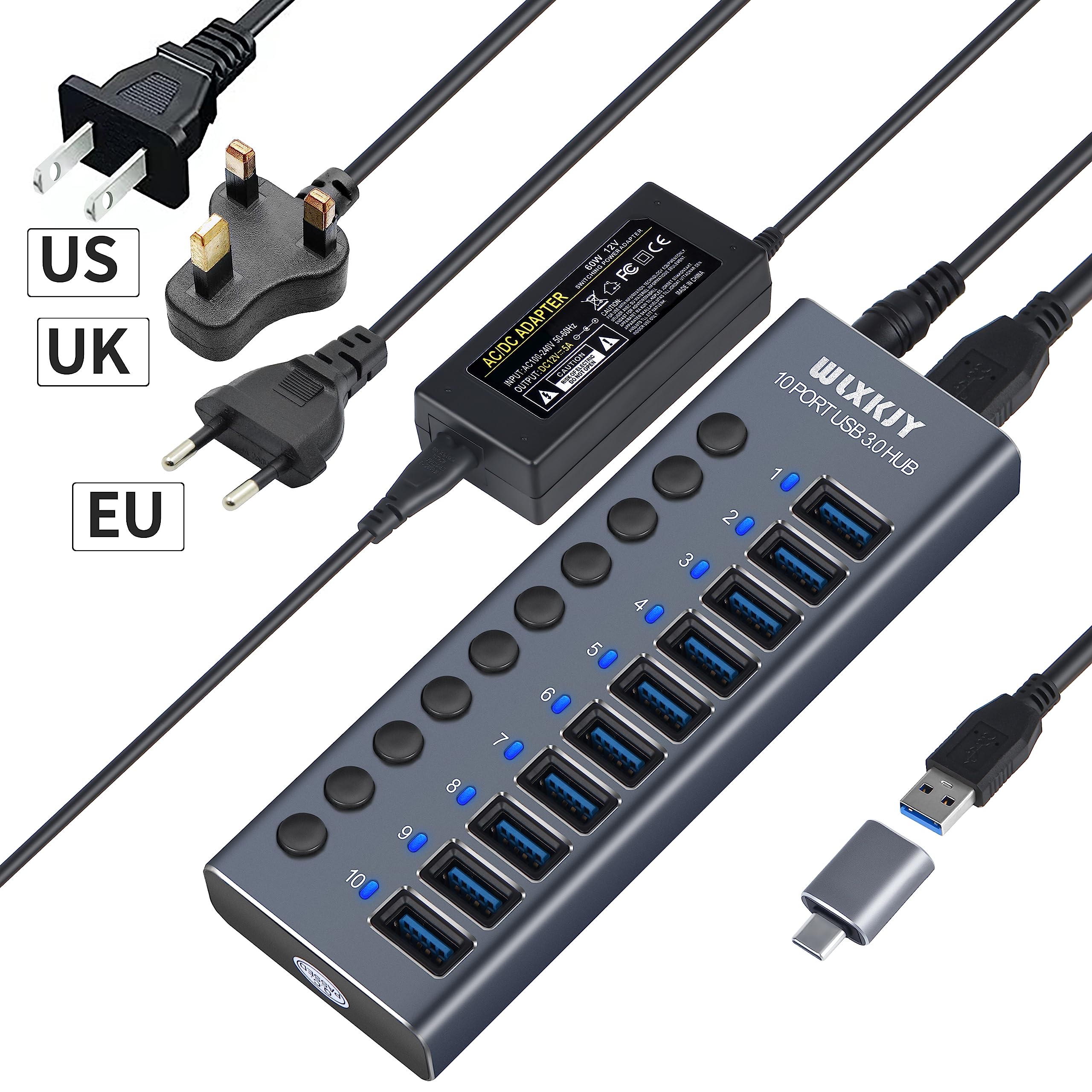 vogue  WLXKJY Aktiver Hub mit 60W (12V/5A) Netzteil, 10 Aluminium Ports USB 3.0 Hub zum Laden und Hochgeschwindigkeitsdatentransfer, Multiport USB 3.0 Splitter mit Einzelschaltern, USB-C Adapter lj1CVCc3a bien vendre