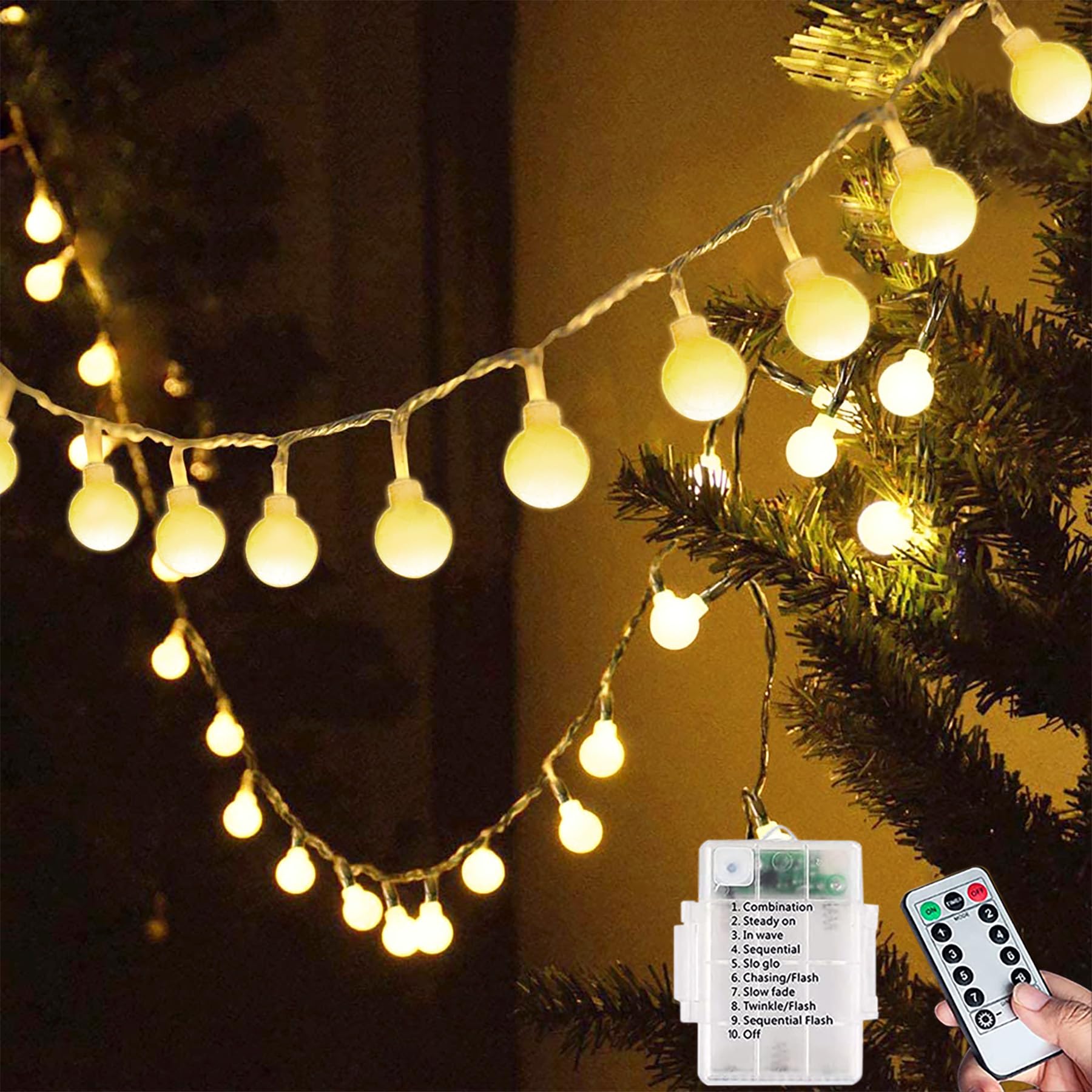 luxe  Qillnyy Guirlande lumineuse à 60 LED - Batterie - Extérieur/intérieur - 8 modes - 7 m - Avec télécommande - Étanche - Éclairage de Noël pour Noël, balcon, fête, terrasse (blanc chaud) UMBxzS7VV pas cher